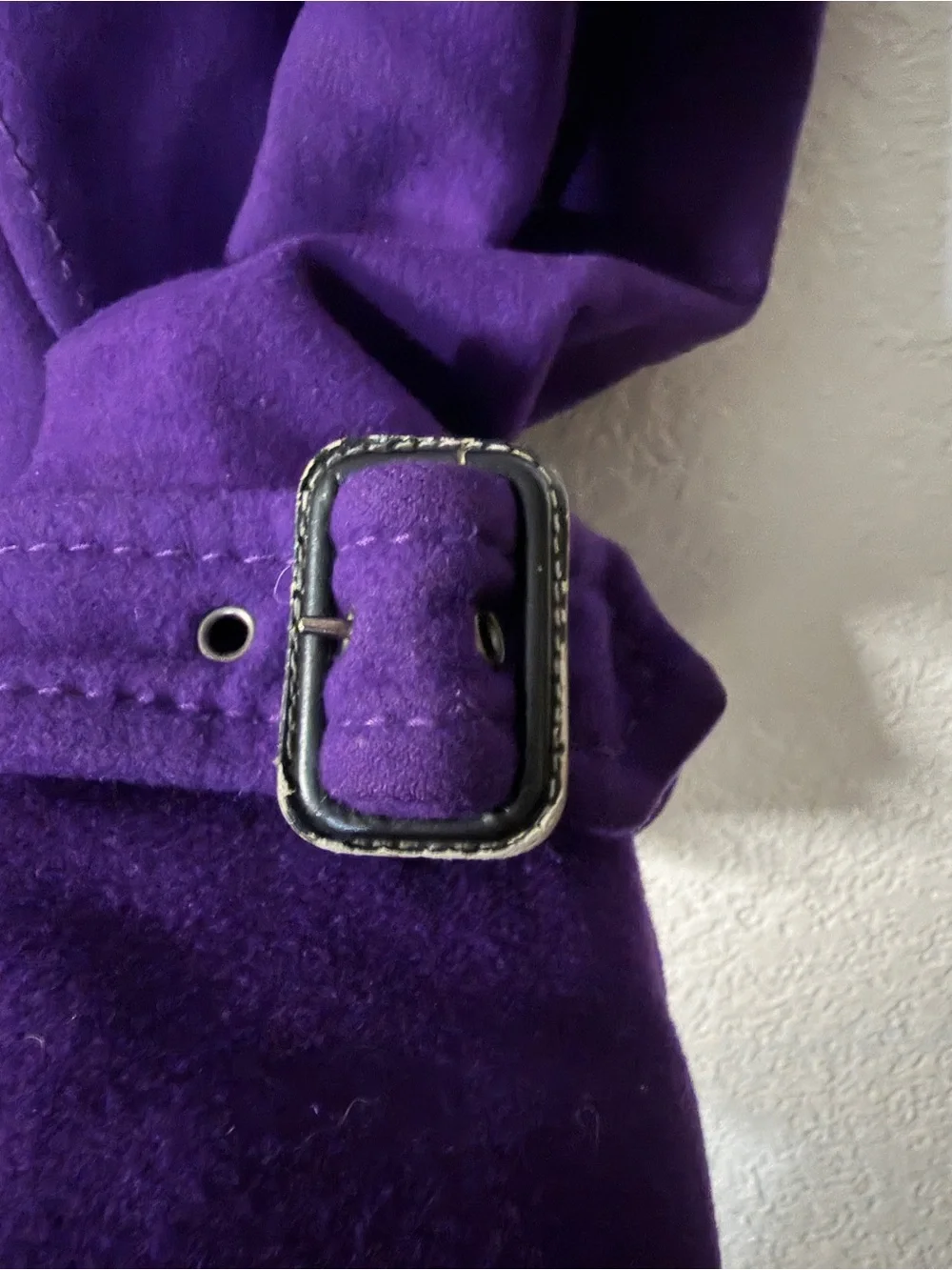 BCBGMaxAzria Purple Structured Ruffle Front Wool-Blend Coat and belted cuffs